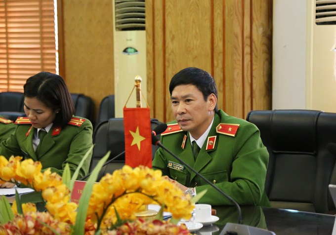 Thiếu tướng, GS.TS Trần Minh Hưởng, Giám đốc Học viện tại buổi làm việc với đoàn công tác