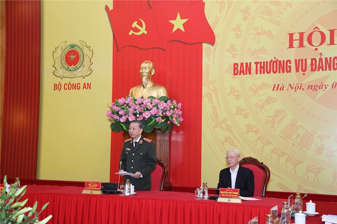 Đại tướng Tô Lâm, Ủy viên Bộ Chính trị, Bí thư Đảng ủy CATW, Bộ trưởng Bộ Công an phát biểu tại Hội nghị