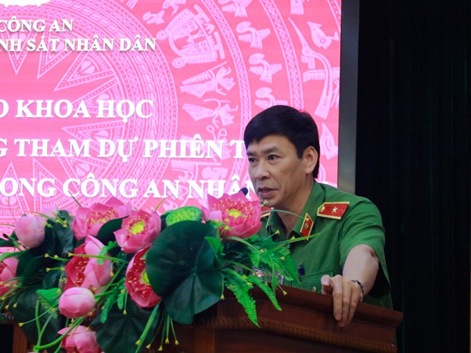 Thiếu tướng, GS.TS Trần Minh Hưởng, Giám đốc Học viện phát biểu tại Hội thảo