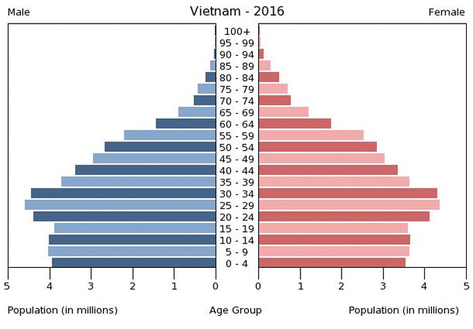 Hình 1. Sự dịch chuyển cấu trúc dân số của Việt Nam
            (Nguồn: CIA World Factbook, Cập nhật 01/2018)