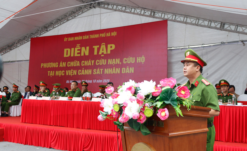 Đại tá Phạm Công Nguyễn, Phó Giám đốc Học viện phát biểu tại cuộc diễn tập