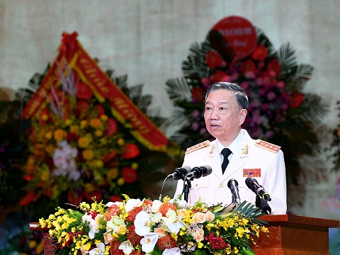 Bộ trưởng Tô Lâm trình bày diễn văn kỷ niệm 75 năm Ngày truyền thống CAND Việt Nam.