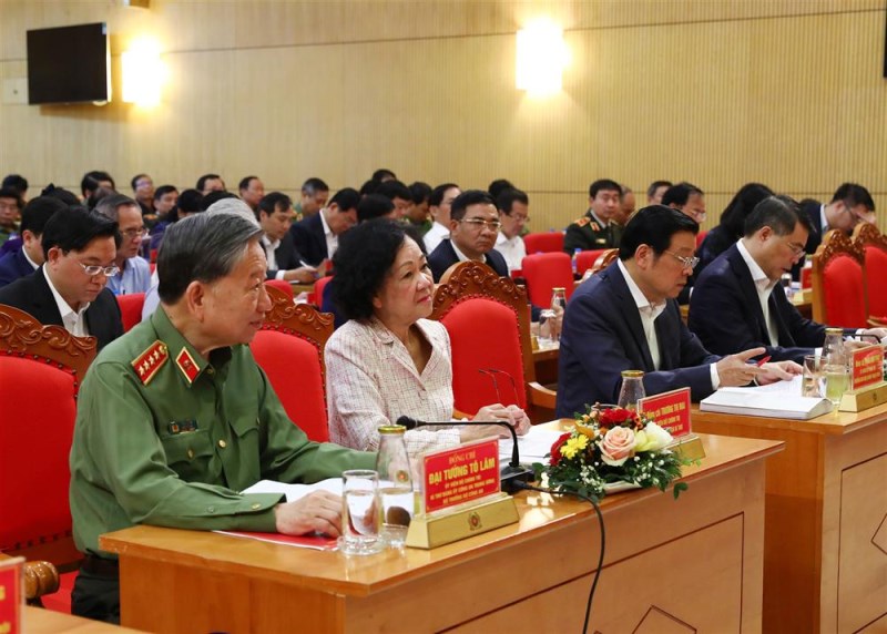 Thường trực Ban Bí thư Trương Thị Mai; Bộ trưởng Tô Lâm cùng các đại biểu dự Hội nghị.