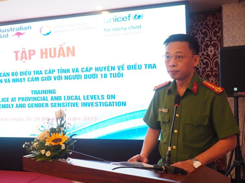 Đại tá, PGS.TS Phạm Xuân Định - Viện trưởng Viện Khoa học Cảnh sát phát biểu tại lễ khai giảng khóa tập huấn